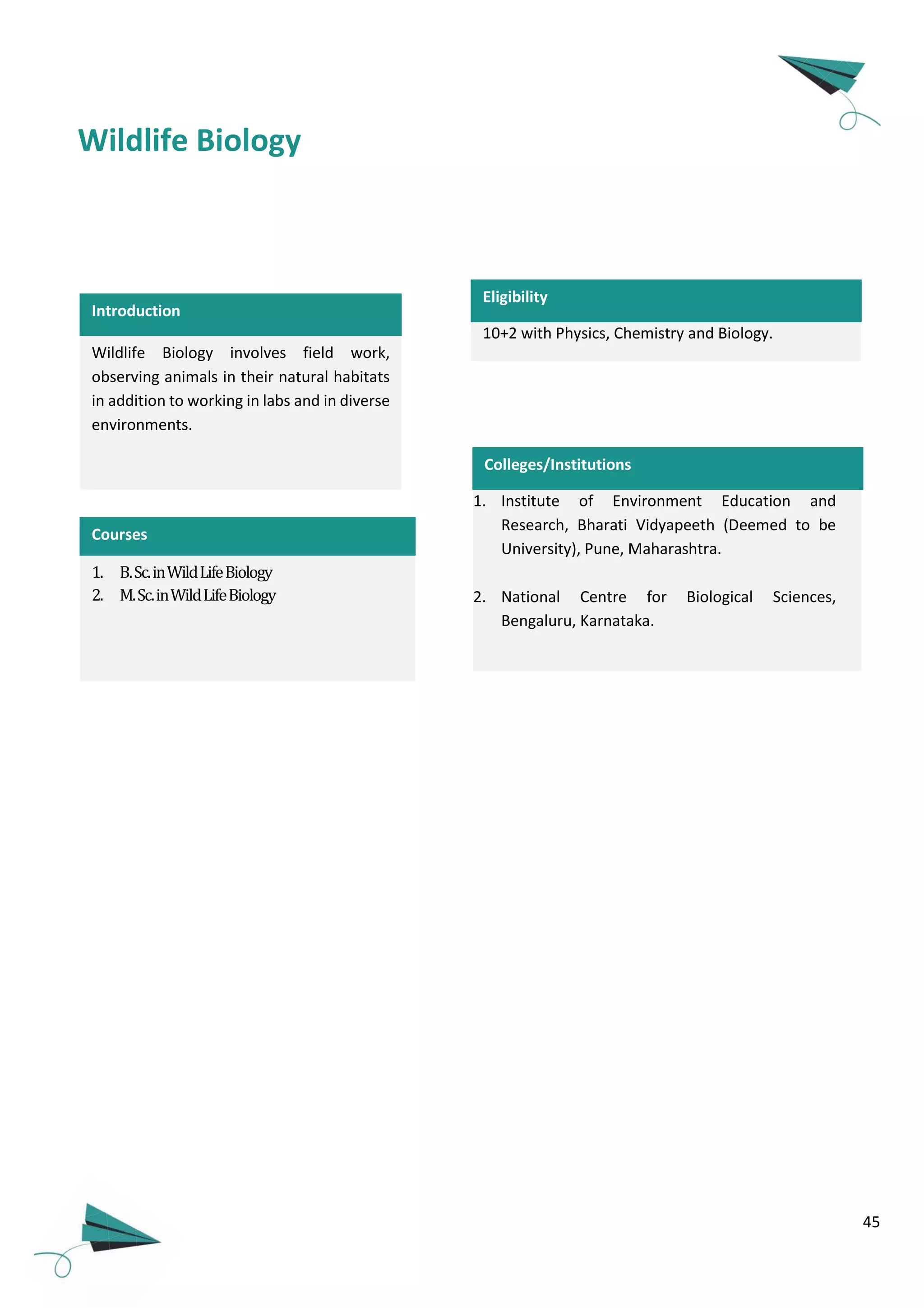 45
Wildlife Biology
Introduction
Wildlife Biology involves field work,
observing animals in their natural habitats
in addition to working in labs and in diverse
environments.
1. B.Sc.inWildLifeBiology
2. M.Sc.inWildLifeBiology
Courses
10+2 with Physics, Chemistry and Biology.
Eligibility
1. Institute of Environment Education and
Research, Bharati Vidyapeeth (Deemed to be
University), Pune, Maharashtra.
2. National Centre for Biological Sciences,
Bengaluru, Karnataka.
Colleges/Institutions
 