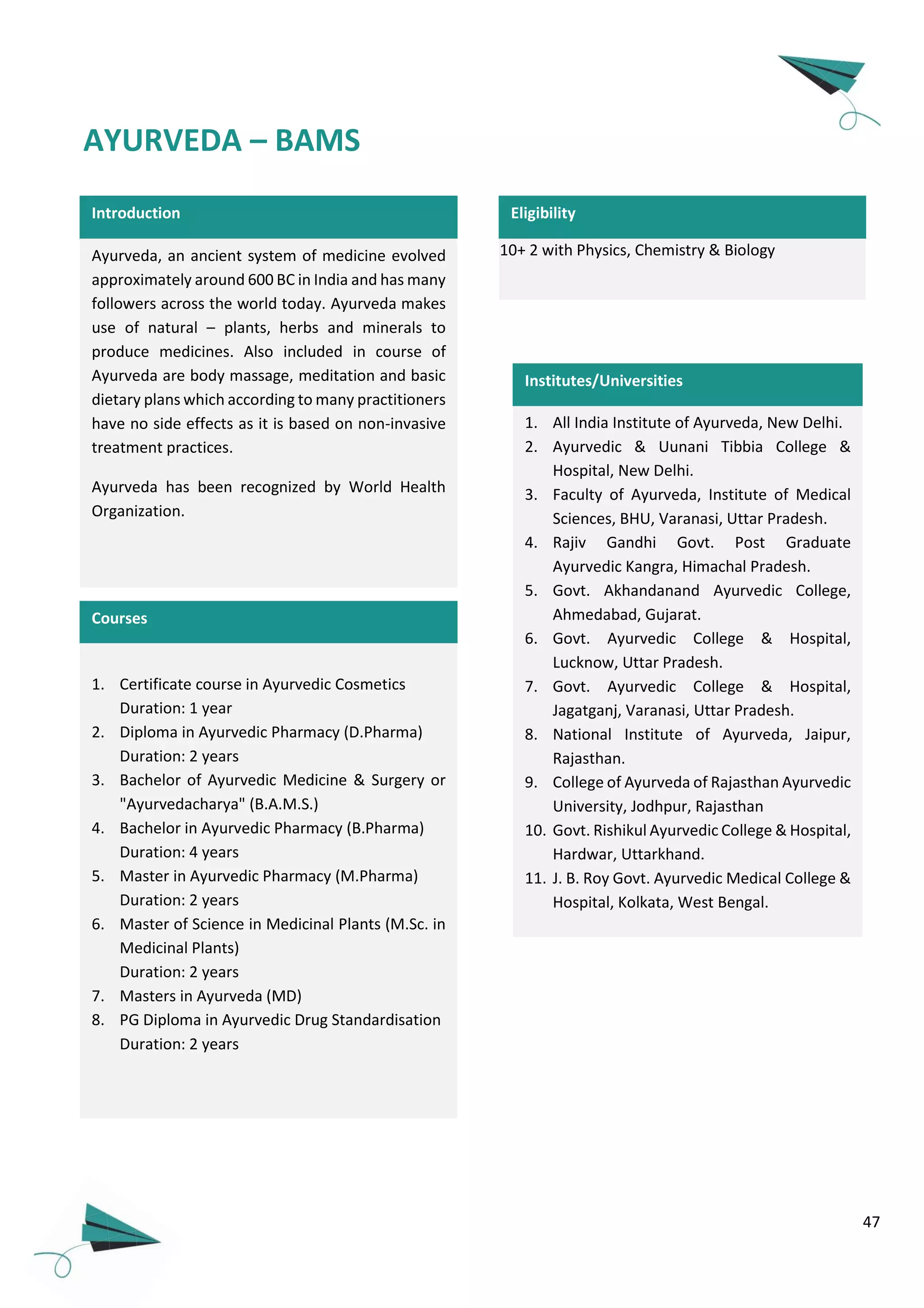 47
Introduction
Ayurveda, an ancient system of medicine evolved
approximately around 600 BC in India and has many
followers across the world today. Ayurveda makes
use of natural – plants, herbs and minerals to
produce medicines. Also included in course of
Ayurveda are body massage, meditation and basic
dietary plans which according to many practitioners
have no side effects as it is based on non-invasive
treatment practices.
Ayurveda has been recognized by World Health
Organization.
AYURVEDA – BAMS
Eligibility
10+ 2 with Physics, Chemistry & Biology
Courses
1. Certificate course in Ayurvedic Cosmetics
Duration: 1 year
2. Diploma in Ayurvedic Pharmacy (D.Pharma)
Duration: 2 years
3. Bachelor of Ayurvedic Medicine & Surgery or
"Ayurvedacharya" (B.A.M.S.)
4. Bachelor in Ayurvedic Pharmacy (B.Pharma)
Duration: 4 years
5. Master in Ayurvedic Pharmacy (M.Pharma)
Duration: 2 years
6. Master of Science in Medicinal Plants (M.Sc. in
Medicinal Plants)
Duration: 2 years
7. Masters in Ayurveda (MD)
8. PG Diploma in Ayurvedic Drug Standardisation
Duration: 2 years
1. All India Institute of Ayurveda, New Delhi.
2. Ayurvedic & Uunani Tibbia College &
Hospital, New Delhi.
3. Faculty of Ayurveda, Institute of Medical
Sciences, BHU, Varanasi, Uttar Pradesh.
4. Rajiv Gandhi Govt. Post Graduate
Ayurvedic Kangra, Himachal Pradesh.
5. Govt. Akhandanand Ayurvedic College,
Ahmedabad, Gujarat.
6. Govt. Ayurvedic College & Hospital,
Lucknow, Uttar Pradesh.
7. Govt. Ayurvedic College & Hospital,
Jagatganj, Varanasi, Uttar Pradesh.
8. National Institute of Ayurveda, Jaipur,
Rajasthan.
9. College of Ayurveda of Rajasthan Ayurvedic
University, Jodhpur, Rajasthan
10. Govt. Rishikul Ayurvedic College & Hospital,
Hardwar, Uttarkhand.
11. J. B. Roy Govt. Ayurvedic Medical College &
Hospital, Kolkata, West Bengal.
Institutes/Universities
 