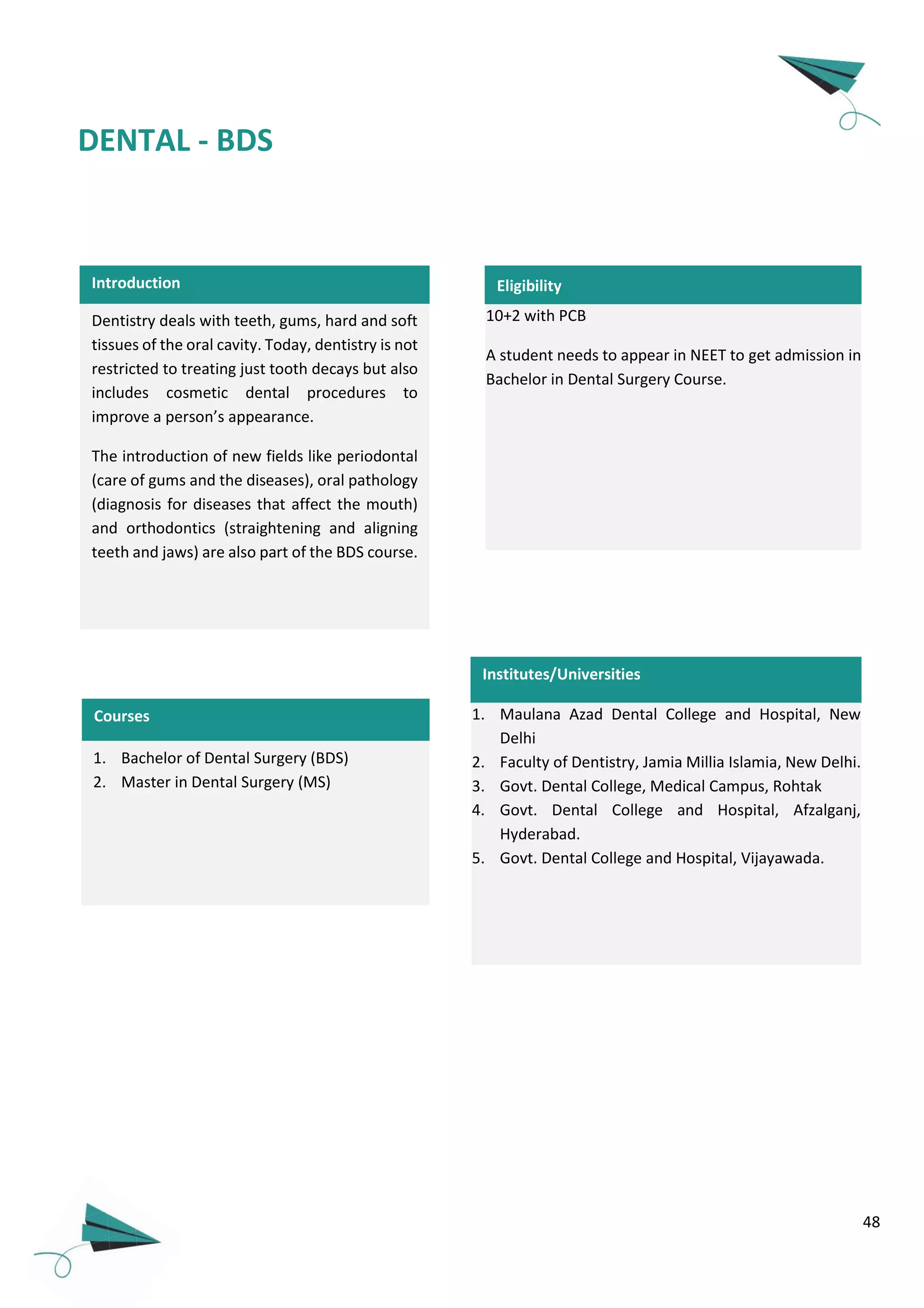 48
Courses
DENTAL - BDS
Introduction
Dentistry deals with teeth, gums, hard and soft
tissues of the oral cavity. Today, dentistry is not
restricted to treating just tooth decays but also
includes cosmetic dental procedures to
improve a person’s appearance.
The introduction of new fields like periodontal
(care of gums and the diseases), oral pathology
(diagnosis for diseases that affect the mouth)
and orthodontics (straightening and aligning
teeth and jaws) are also part of the BDS course.
10+2 with PCB
A student needs to appear in NEET to get admission in
Bachelor in Dental Surgery Course.
Eligibility
1. Bachelor of Dental Surgery (BDS)
2. Master in Dental Surgery (MS)
Institutes/Universities
1. Maulana Azad Dental College and Hospital, New
Delhi
2. Faculty of Dentistry, Jamia Millia Islamia, New Delhi.
3. Govt. Dental College, Medical Campus, Rohtak
4. Govt. Dental College and Hospital, Afzalganj,
Hyderabad.
5. Govt. Dental College and Hospital, Vijayawada.
 