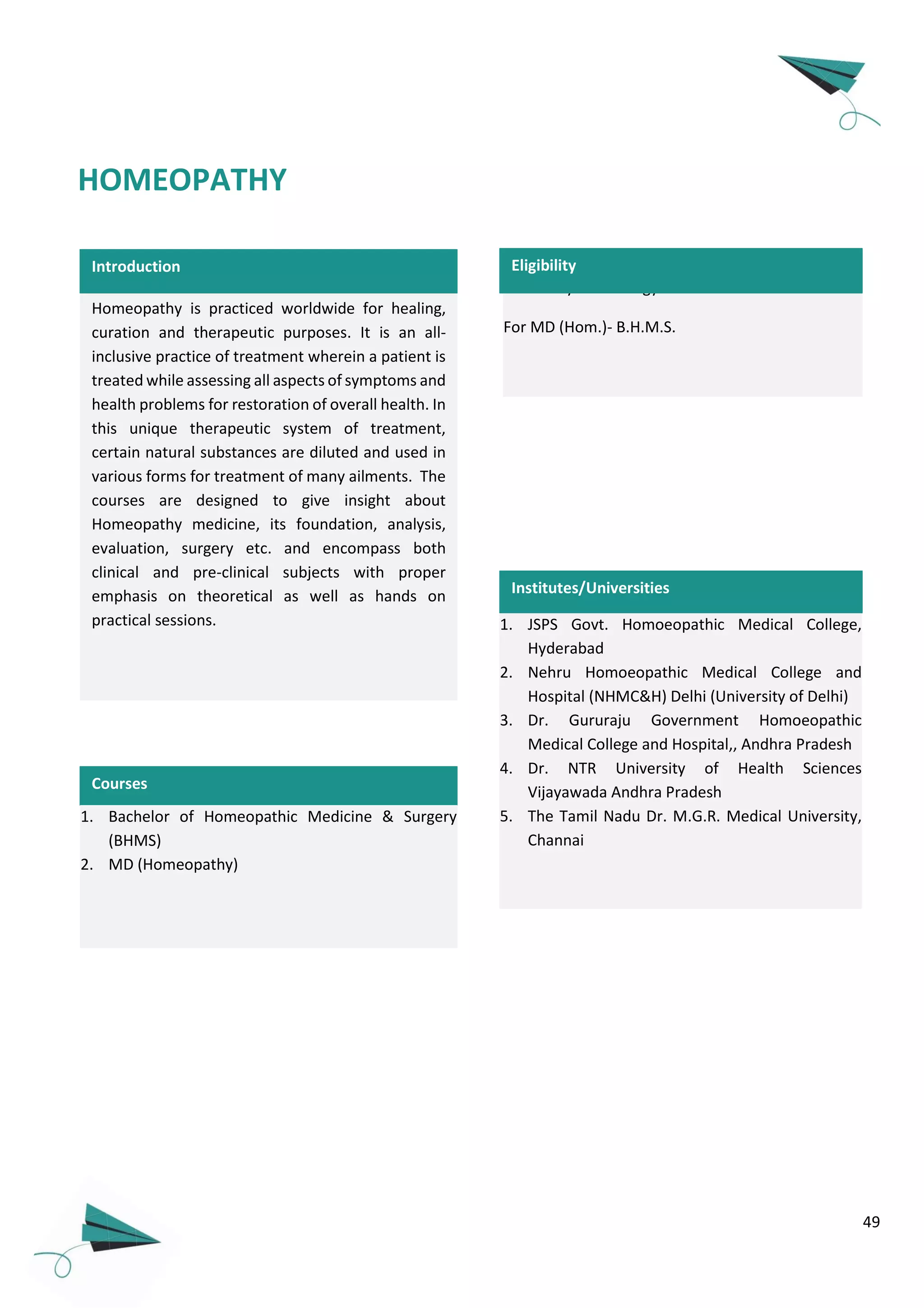 49
Homeopathy is practiced worldwide for healing,
curation and therapeutic purposes. It is an all-
inclusive practice of treatment wherein a patient is
treated while assessing all aspects of symptoms and
health problems for restoration of overall health. In
this unique therapeutic system of treatment,
certain natural substances are diluted and used in
various forms for treatment of many ailments. The
courses are designed to give insight about
Homeopathy medicine, its foundation, analysis,
evaluation, surgery etc. and encompass both
clinical and pre-clinical subjects with proper
emphasis on theoretical as well as hands on
practical sessions.
For BHMS - 10+2 or equivalent exam with Physics,
Chemistry and Biology.
For MD (Hom.)- B.H.M.S.
Courses
1. Bachelor of Homeopathic Medicine & Surgery
(BHMS)
2. MD (Homeopathy)
1. JSPS Govt. Homoeopathic Medical College,
Hyderabad
2. Nehru Homoeopathic Medical College and
Hospital (NHMC&H) Delhi (University of Delhi)
3. Dr. Gururaju Government Homoeopathic
Medical College and Hospital,, Andhra Pradesh
4. Dr. NTR University of Health Sciences
Vijayawada Andhra Pradesh
5. The Tamil Nadu Dr. M.G.R. Medical University,
Channai
Introduction Eligibility
Institutes/Universities
HOMEOPATHY
 