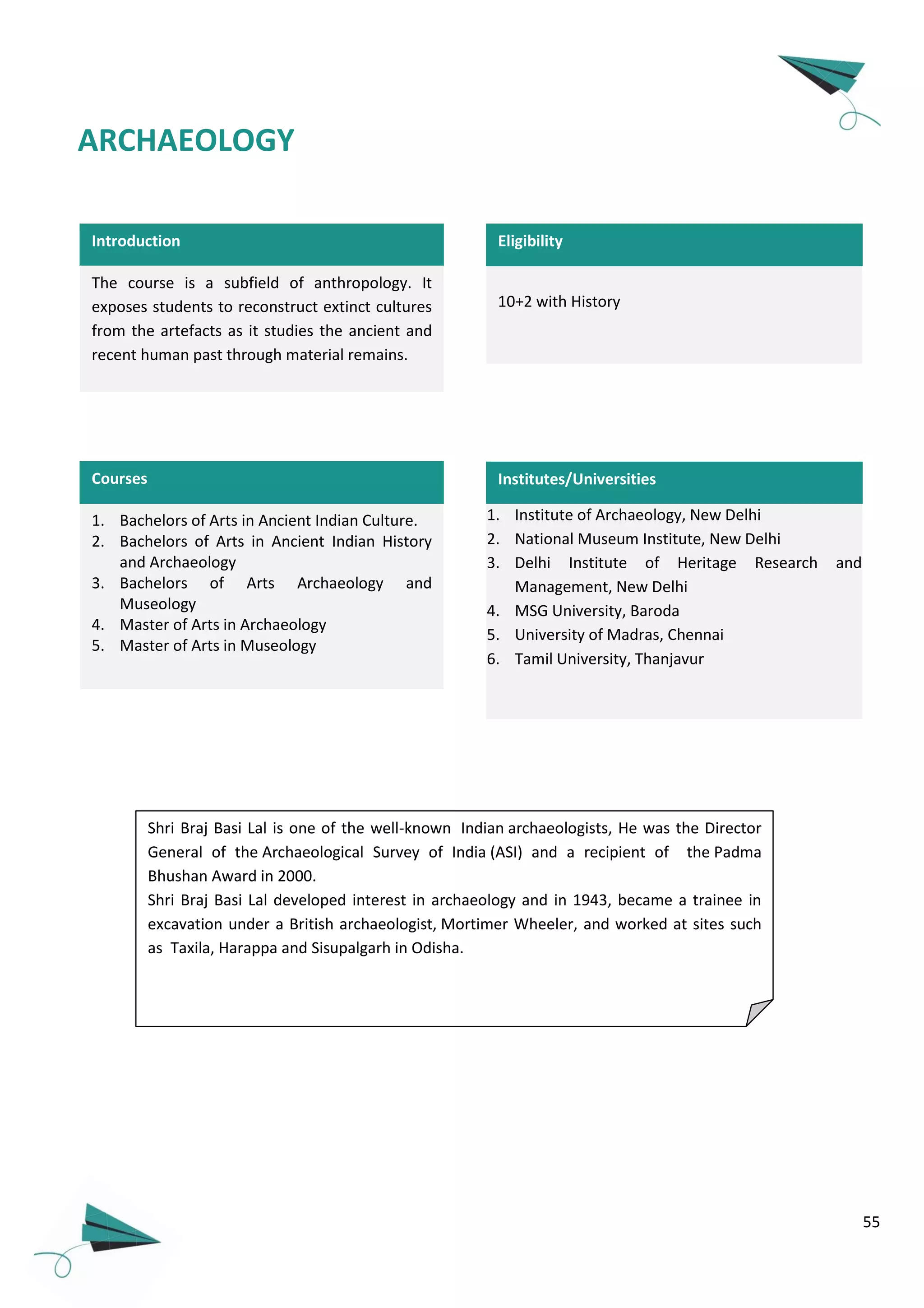 55
1. Institute of Archaeology, New Delhi
2. National Museum Institute, New Delhi
3. Delhi Institute of Heritage Research and
Management, New Delhi
4. MSG University, Baroda
5. University of Madras, Chennai
6. Tamil University, Thanjavur
Institutes/Universities
Introduction
ARCHAEOLOGY
The course is a subfield of anthropology. It
exposes students to reconstruct extinct cultures
from the artefacts as it studies the ancient and
recent human past through material remains.
1. Bachelors of Arts in Ancient Indian Culture.
2. Bachelors of Arts in Ancient Indian History
and Archaeology
3. Bachelors of Arts Archaeology and
Museology
4. Master of Arts in Archaeology
5. Master of Arts in Museology
Courses
10+2 with History
Eligibility
Shri Braj Basi Lal is one of the well-known Indian archaeologists, He was the Director
General of the Archaeological Survey of India (ASI) and a recipient of the Padma
Bhushan Award in 2000.
Shri Braj Basi Lal developed interest in archaeology and in 1943, became a trainee in
excavation under a British archaeologist, Mortimer Wheeler, and worked at sites such
as Taxila, Harappa and Sisupalgarh in Odisha.
 