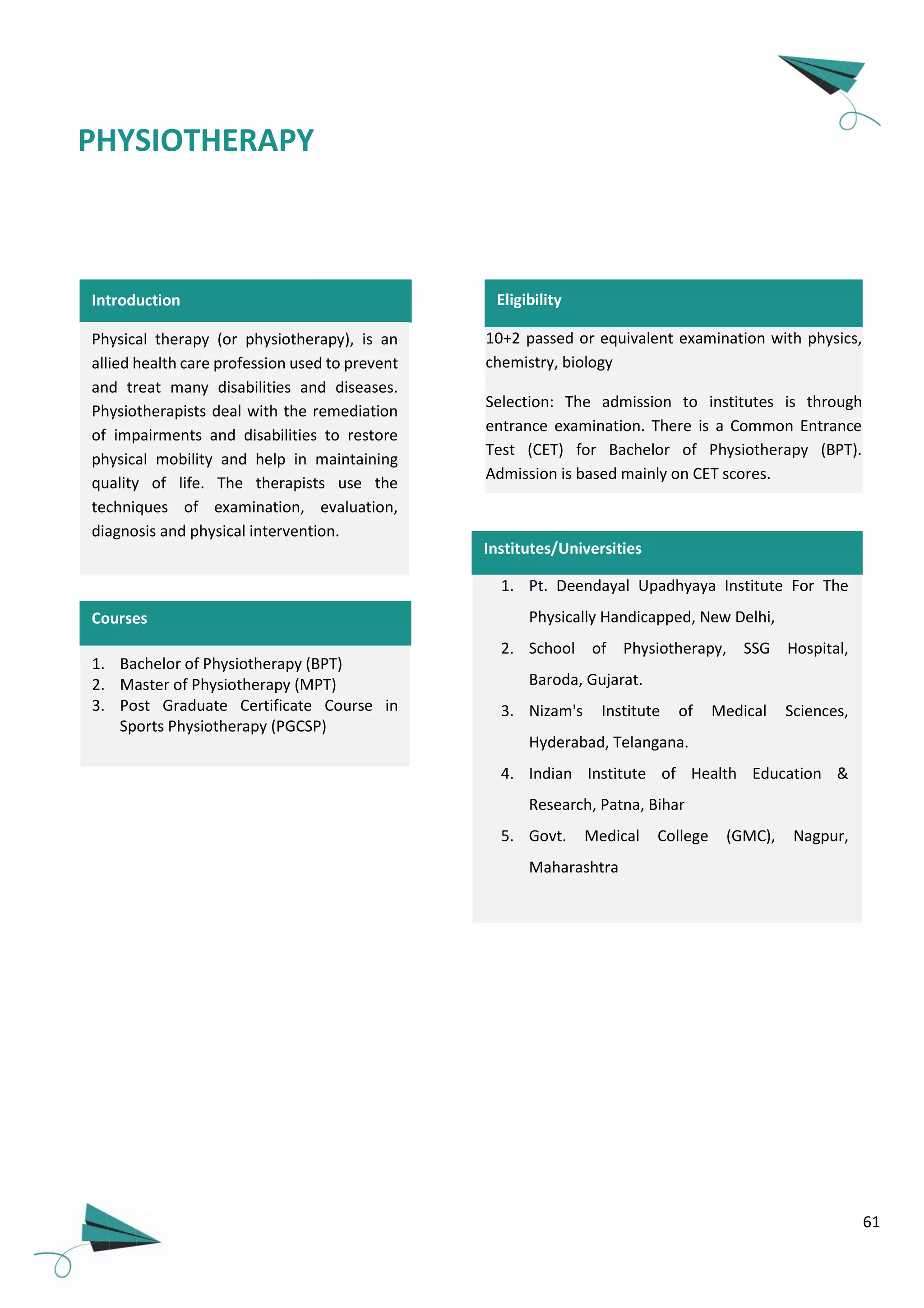 61
Introduction
Physical therapy (or physiotherapy), is an
allied health care profession used to prevent
and treat many disabilities and diseases.
Physiotherapists deal with the remediation
of impairments and disabilities to restore
physical mobility and help in maintaining
quality of life. The therapists use the
techniques of examination, evaluation,
diagnosis and physical intervention.
1. Bachelor of Physiotherapy (BPT)
2. Master of Physiotherapy (MPT)
3. Post Graduate Certificate Course in
Sports Physiotherapy (PGCSP)
Courses
PHYSIOTHERAPY
10+2 passed or equivalent examination with physics,
chemistry, biology
Selection: The admission to institutes is through
entrance examination. There is a Common Entrance
Test (CET) for Bachelor of Physiotherapy (BPT).
Admission is based mainly on CET scores.
Eligibility
1. Pt. Deendayal Upadhyaya Institute For The
Physically Handicapped, New Delhi,
2. School of Physiotherapy, SSG Hospital,
Baroda, Gujarat.
3. Nizam's Institute of Medical Sciences,
Hyderabad, Telangana.
4. Indian Institute of Health Education &
Research, Patna, Bihar
5. Govt. Medical College (GMC), Nagpur,
Maharashtra
Institutes/Universities
 