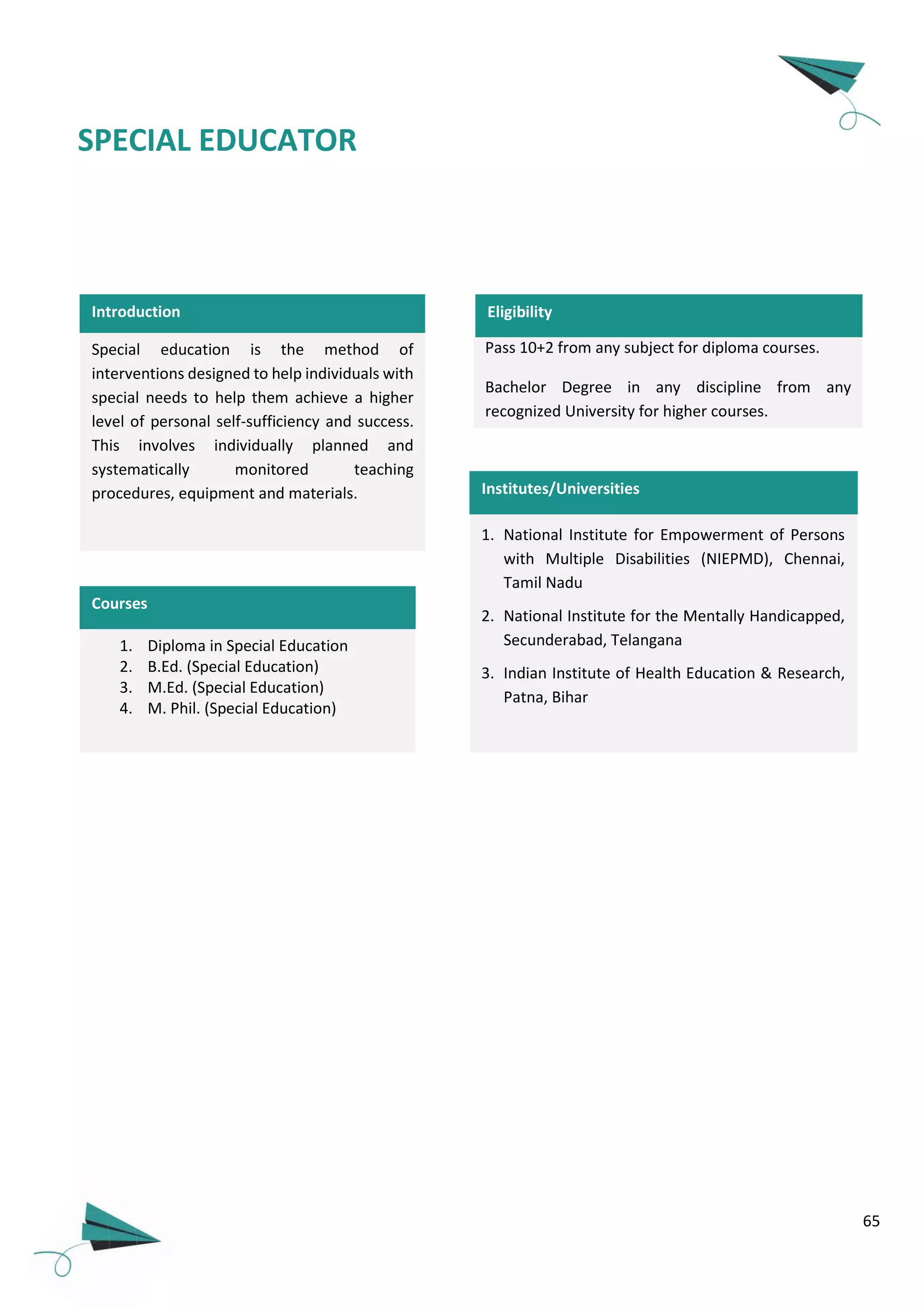 65
SPECIAL EDUCATOR
Special education is the method of
interventions designed to help individuals with
special needs to help them achieve a higher
level of personal self-sufficiency and success.
This involves individually planned and
systematically monitored teaching
procedures, equipment and materials.
1. Diploma in Special Education
2. B.Ed. (Special Education)
3. M.Ed. (Special Education)
4. M. Phil. (Special Education)
Courses
Pass 10+2 from any subject for diploma courses.
Bachelor Degree in any discipline from any
recognized University for higher courses.
Eligibility
1. National Institute for Empowerment of Persons
with Multiple Disabilities (NIEPMD), Chennai,
Tamil Nadu
2. National Institute for the Mentally Handicapped,
Secunderabad, Telangana
3. Indian Institute of Health Education & Research,
Patna, Bihar
Institutes/Universities
Introduction
 