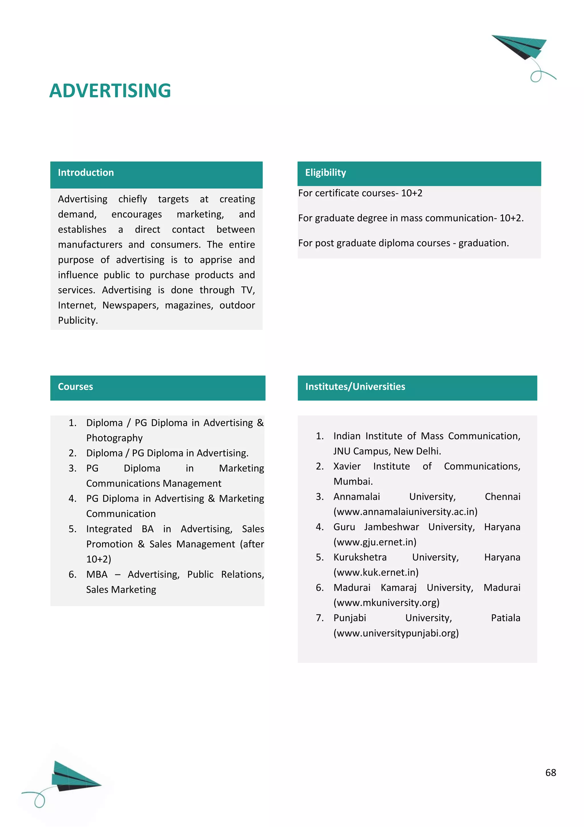 68
Advertising chiefly targets at creating
demand, encourages marketing, and
establishes a direct contact between
manufacturers and consumers. The entire
purpose of advertising is to apprise and
influence public to purchase products and
services. Advertising is done through TV,
Internet, Newspapers, magazines, outdoor
Publicity.
.
Courses
1. Diploma / PG Diploma in Advertising &
Photography
2. Diploma / PG Diploma in Advertising.
3. PG Diploma in Marketing
Communications Management
4. PG Diploma in Advertising & Marketing
Communication
5. Integrated BA in Advertising, Sales
Promotion & Sales Management (after
10+2)
6. MBA – Advertising, Public Relations,
Sales Marketing
1. Indian Institute of Mass Communication,
JNU Campus, New Delhi.
2. Xavier Institute of Communications,
Mumbai.
3. Annamalai University, Chennai
(www.annamalaiuniversity.ac.in)
4. Guru Jambeshwar University, Haryana
(www.gju.ernet.in)
5. Kurukshetra University, Haryana
(www.kuk.ernet.in)
6. Madurai Kamaraj University, Madurai
(www.mkuniversity.org)
7. Punjabi University, Patiala
(www.universitypunjabi.org)
Introduction
ADVERTISING
For certificate courses- 10+2
For graduate degree in mass communication- 10+2.
For post graduate diploma courses - graduation.
Eligibility
Institutes/Universities
 