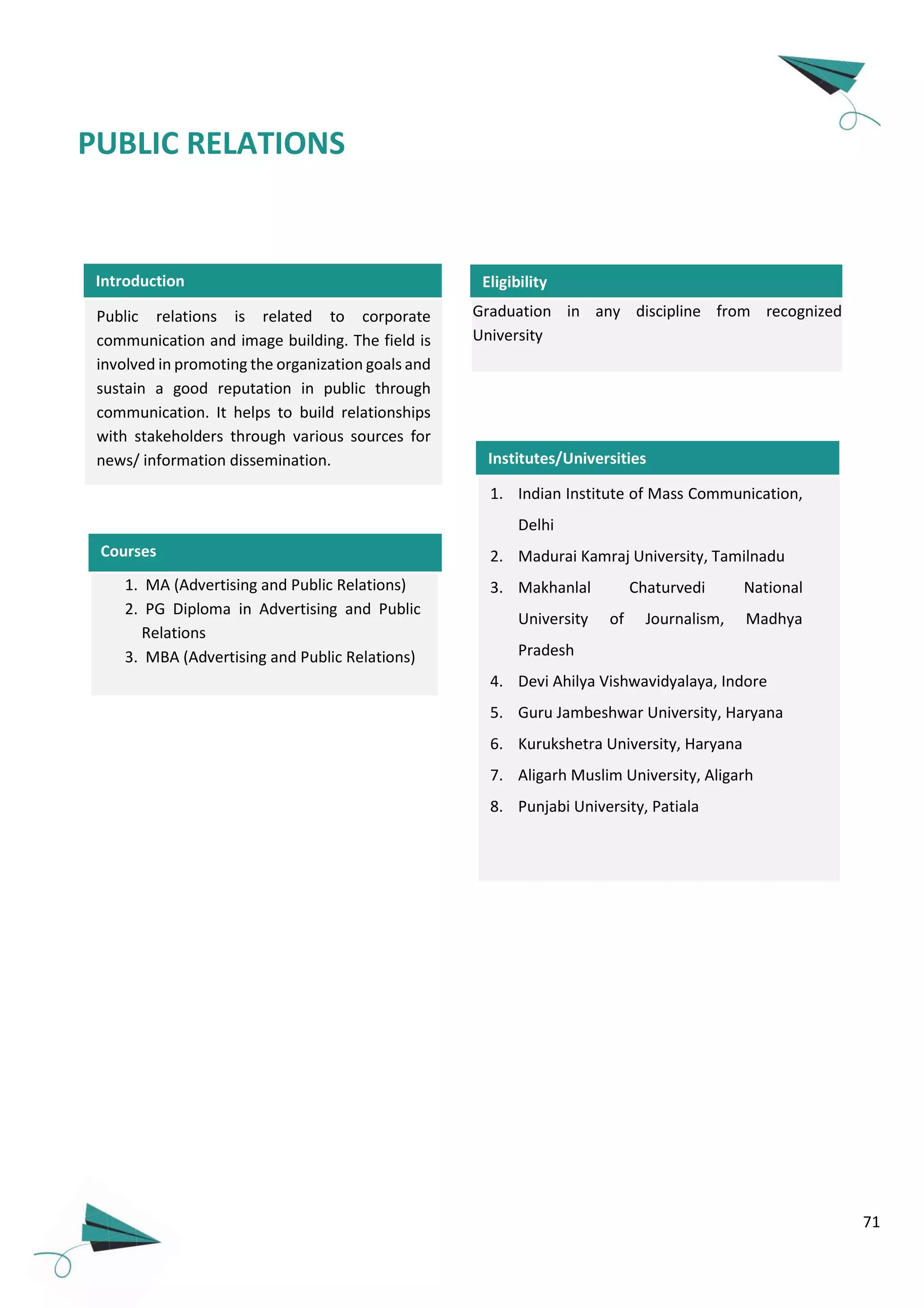 71
PUBLIC RELATIONS
1. Indian Institute of Mass Communication,
Delhi
2. Madurai Kamraj University, Tamilnadu
3. Makhanlal Chaturvedi National
University of Journalism, Madhya
Pradesh
4. Devi Ahilya Vishwavidyalaya, Indore
5. Guru Jambeshwar University, Haryana
6. Kurukshetra University, Haryana
7. Aligarh Muslim University, Aligarh
8. Punjabi University, Patiala
Public relations is related to corporate
communication and image building. The field is
involved in promoting the organization goals and
sustain a good reputation in public through
communication. It helps to build relationships
with stakeholders through various sources for
news/ information dissemination.
Introduction
Graduation in any discipline from recognized
University
Eligibility
Institutes/Universities
Courses
1. MA (Advertising and Public Relations)
2. PG Diploma in Advertising and Public
Relations
3. MBA (Advertising and Public Relations)
 