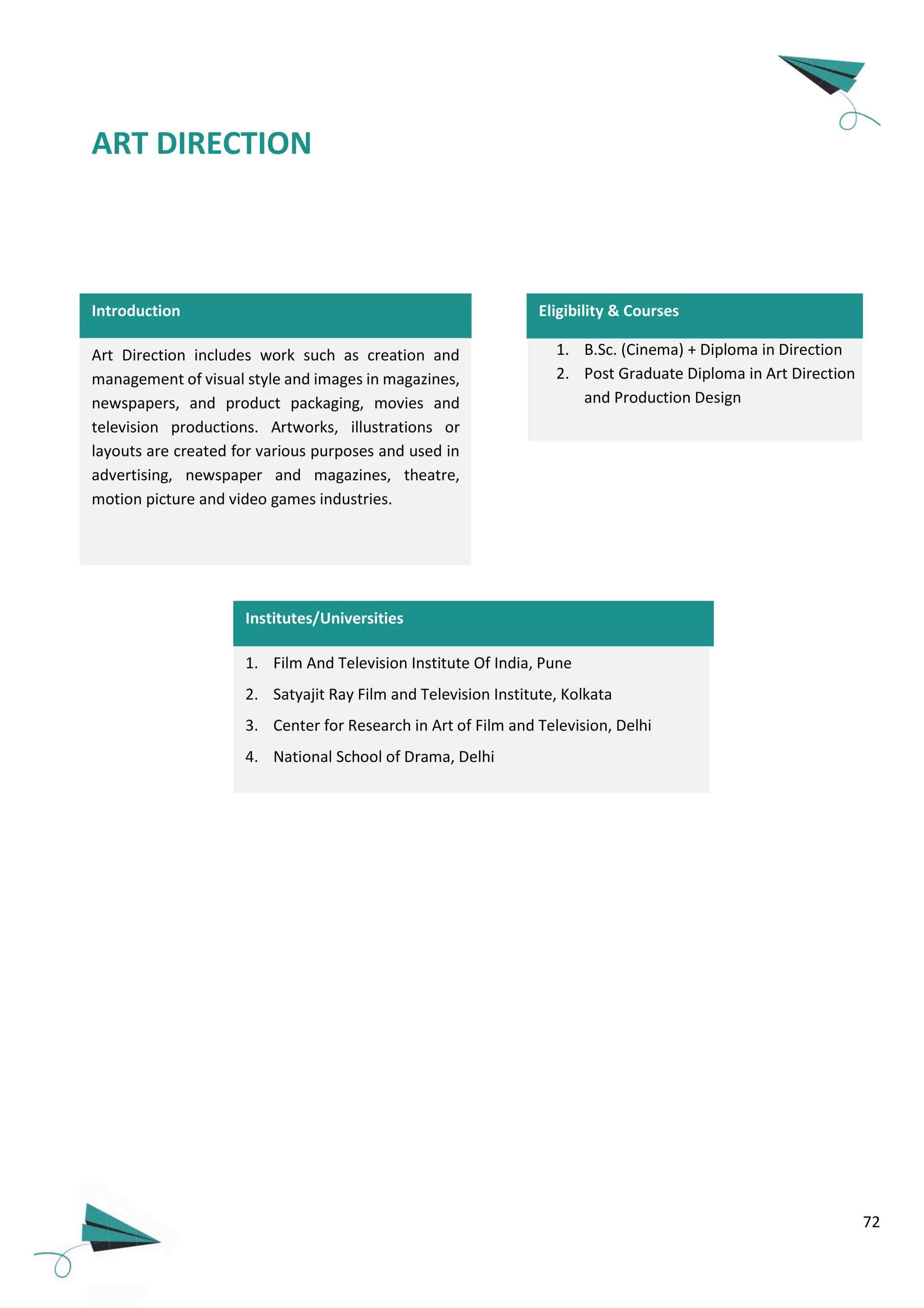 72
ART DIRECTION
Introduction
Art Direction includes work such as creation and
management of visual style and images in magazines,
newspapers, and product packaging, movies and
television productions. Artworks, illustrations or
layouts are created for various purposes and used in
advertising, newspaper and magazines, theatre,
motion picture and video games industries.
1. B.Sc. (Cinema) + Diploma in Direction
2. Post Graduate Diploma in Art Direction
and Production Design
Eligibility & Courses
1. Film And Television Institute Of India, Pune
2. Satyajit Ray Film and Television Institute, Kolkata
3. Center for Research in Art of Film and Television, Delhi
4. National School of Drama, Delhi
Institutes/Universities
 