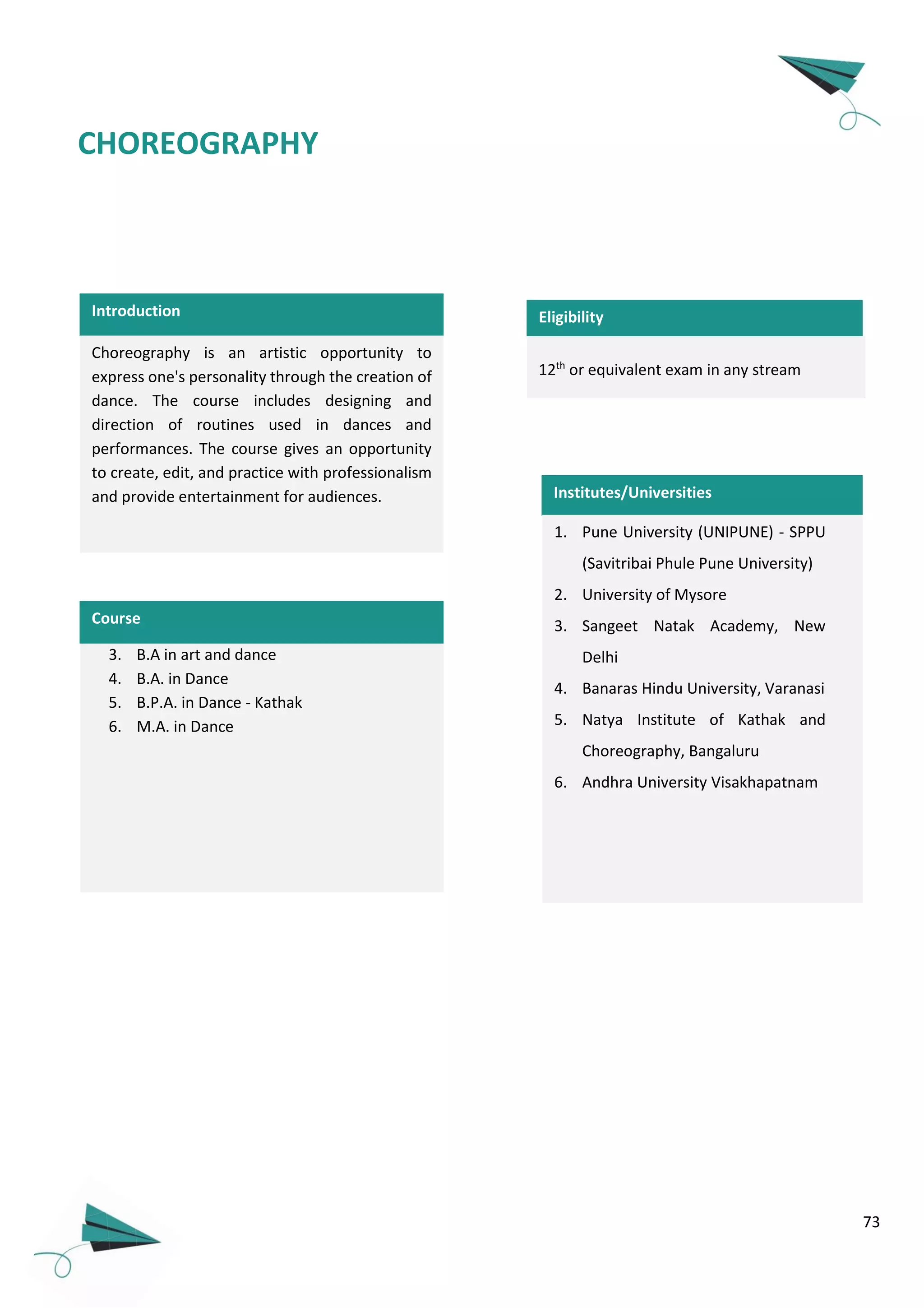 73
CHOREOGRAPHY
Introduction
Institutes/Universities
Choreography is an artistic opportunity to
express one's personality through the creation of
dance. The course includes designing and
direction of routines used in dances and
performances. The course gives an opportunity
to create, edit, and practice with professionalism
and provide entertainment for audiences.
12th
or equivalent exam in any stream
Eligibility
1. Pune University (UNIPUNE) - SPPU
(Savitribai Phule Pune University)
2. University of Mysore
3. Sangeet Natak Academy, New
Delhi
4. Banaras Hindu University, Varanasi
5. Natya Institute of Kathak and
Choreography, Bangaluru
6. Andhra University Visakhapatnam
3. B.A in art and dance
4. B.A. in Dance
5. B.P.A. in Dance - Kathak
6. M.A. in Dance
Course
 