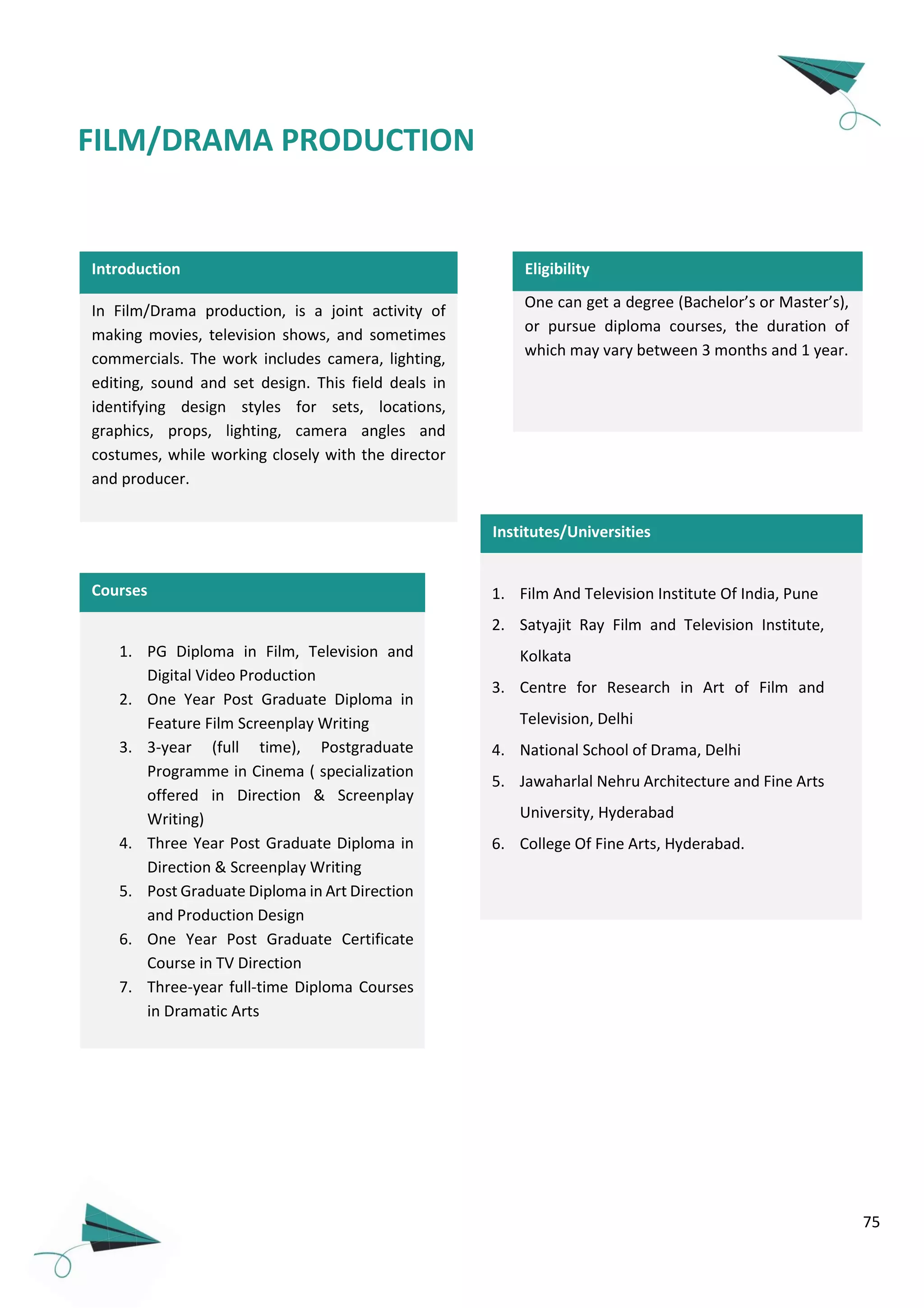75
FILM/DRAMA PRODUCTION
Introduction
In Film/Drama production, is a joint activity of
making movies, television shows, and sometimes
commercials. The work includes camera, lighting,
editing, sound and set design. This field deals in
identifying design styles for sets, locations,
graphics, props, lighting, camera angles and
costumes, while working closely with the director
and producer.
1. Film And Television Institute Of India, Pune
2. Satyajit Ray Film and Television Institute,
Kolkata
3. Centre for Research in Art of Film and
Television, Delhi
4. National School of Drama, Delhi
5. Jawaharlal Nehru Architecture and Fine Arts
University, Hyderabad
6. College Of Fine Arts, Hyderabad.
One can get a degree (Bachelor’s or Master’s),
or pursue diploma courses, the duration of
which may vary between 3 months and 1 year.
Institutes/Universities
Eligibility
Courses
1. PG Diploma in Film, Television and
Digital Video Production
2. One Year Post Graduate Diploma in
Feature Film Screenplay Writing
3. 3-year (full time), Postgraduate
Programme in Cinema ( specialization
offered in Direction & Screenplay
Writing)
4. Three Year Post Graduate Diploma in
Direction & Screenplay Writing
5. Post Graduate Diploma in Art Direction
and Production Design
6. One Year Post Graduate Certificate
Course in TV Direction
7. Three-year full-time Diploma Courses
in Dramatic Arts
 