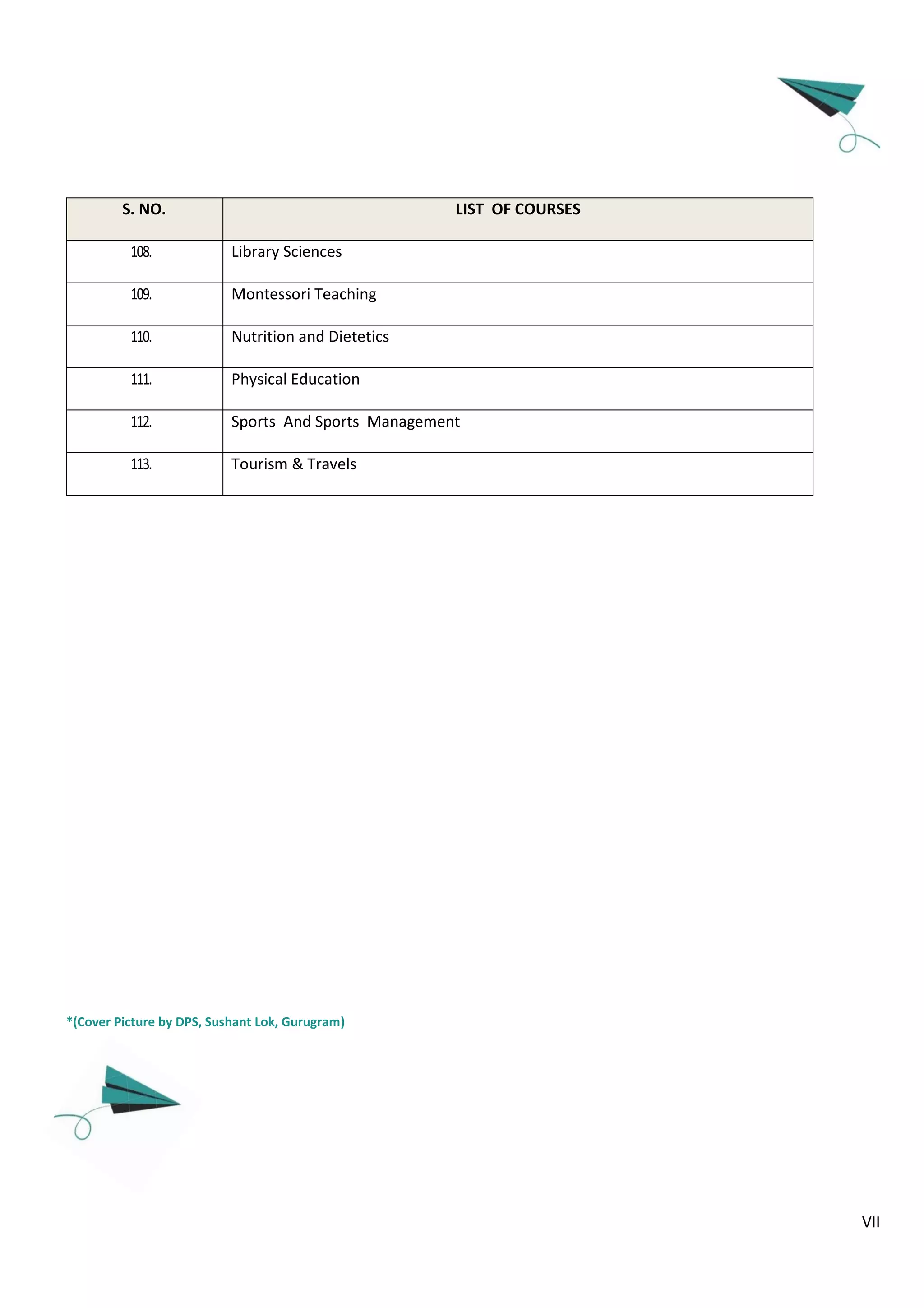 VII
*(Cover Picture by DPS, Sushant Lok, Gurugram)
S. NO. LIST OF COURSES
108. Library Sciences
109. Montessori Teaching
110. Nutrition and Dietetics
111. Physical Education
112. Sports And Sports Management
113. Tourism & Travels
 