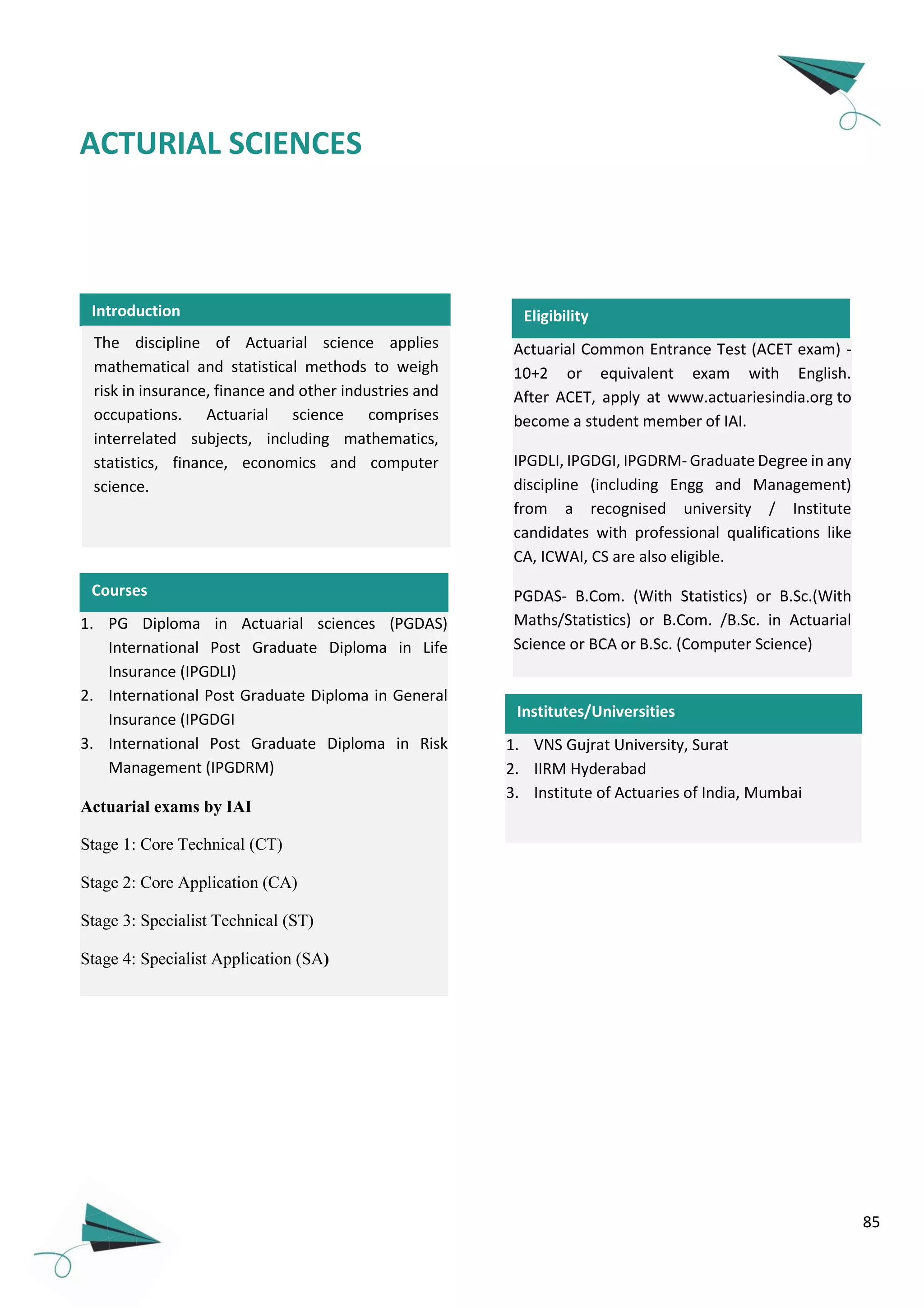 85
Introduction
ACTURIAL SCIENCES
The discipline of Actuarial science applies
mathematical and statistical methods to weigh
risk in insurance, finance and other industries and
occupations. Actuarial science comprises
interrelated subjects, including mathematics,
statistics, finance, economics and computer
science.
Actuarial Common Entrance Test (ACET exam) -
10+2 or equivalent exam with English.
After ACET, apply at www.actuariesindia.org to
become a student member of IAI.
IPGDLI, IPGDGI, IPGDRM- Graduate Degree in any
discipline (including Engg and Management)
from a recognised university / Institute
candidates with professional qualifications like
CA, ICWAI, CS are also eligible.
PGDAS- B.Com. (With Statistics) or B.Sc.(With
Maths/Statistics) or B.Com. /B.Sc. in Actuarial
Science or BCA or B.Sc. (Computer Science)
Eligibility
Courses
1. PG Diploma in Actuarial sciences (PGDAS)
International Post Graduate Diploma in Life
Insurance (IPGDLI)
2. International Post Graduate Diploma in General
Insurance (IPGDGI
3. International Post Graduate Diploma in Risk
Management (IPGDRM)
Actuarial exams by IAI
Stage 1: Core Technical (CT)
Stage 2: Core Application (CA)
Stage 3: Specialist Technical (ST)
Stage 4: Specialist Application (SA)
1. VNS Gujrat University, Surat
2. IIRM Hyderabad
3. Institute of Actuaries of India, Mumbai
Institutes/Universities
 