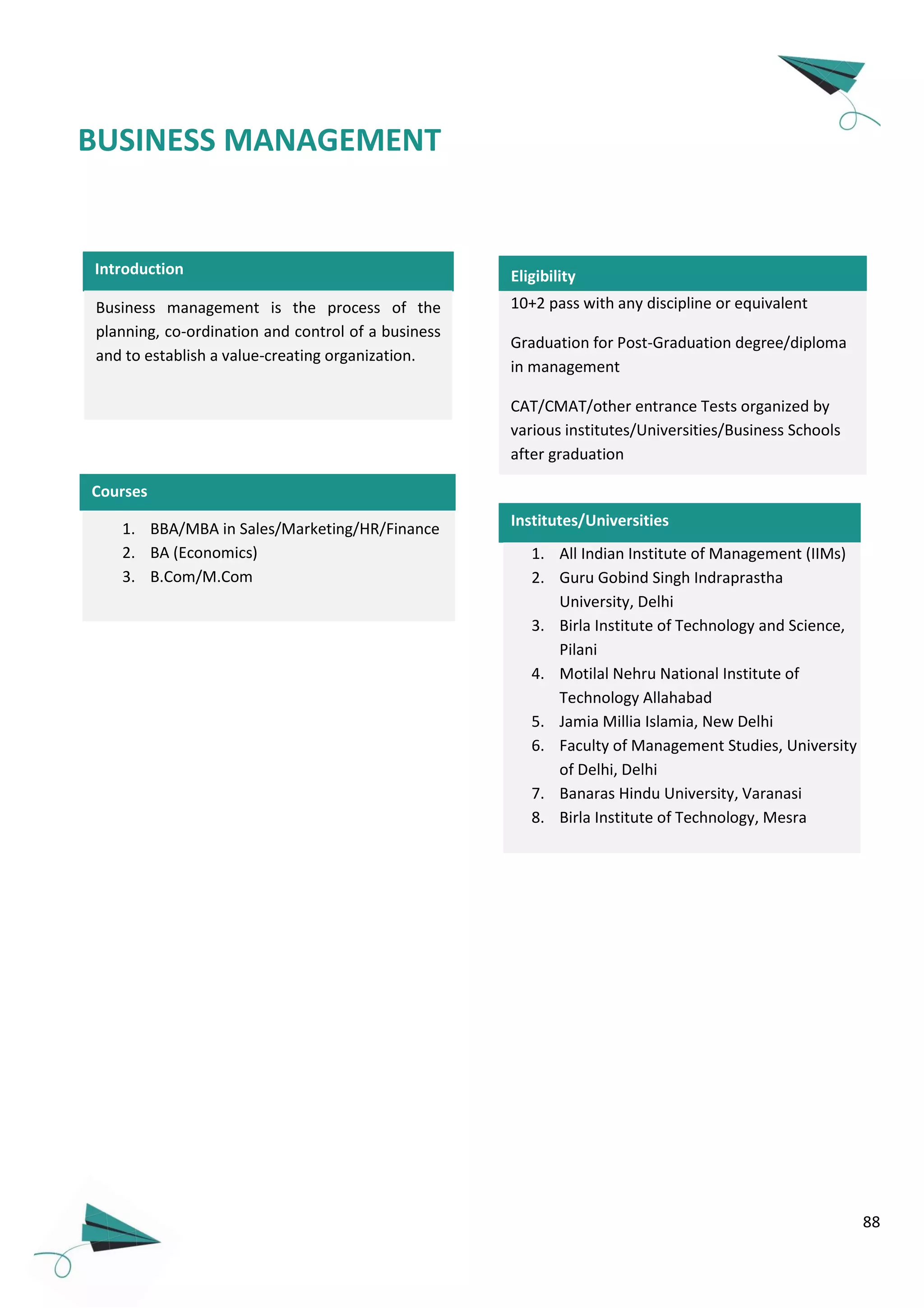 88
Introduction
BUSINESS MANAGEMENT
Institutes/Universities
Business management is the process of the
planning, co-ordination and control of a business
and to establish a value-creating organization.
10+2 pass with any discipline or equivalent
Graduation for Post-Graduation degree/diploma
in management
CAT/CMAT/other entrance Tests organized by
various institutes/Universities/Business Schools
after graduation
Eligibility
Courses
1. BBA/MBA in Sales/Marketing/HR/Finance
2. BA (Economics)
3. B.Com/M.Com
1. All Indian Institute of Management (IIMs)
2. Guru Gobind Singh Indraprastha
University, Delhi
3. Birla Institute of Technology and Science,
Pilani
4. Motilal Nehru National Institute of
Technology Allahabad
5. Jamia Millia Islamia, New Delhi
6. Faculty of Management Studies, University
of Delhi, Delhi
7. Banaras Hindu University, Varanasi
8. Birla Institute of Technology, Mesra
 