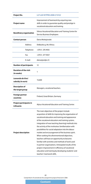 Ldv Training Compendium Of Projects Of Leonardo Da Vinci Programme Approved For ...