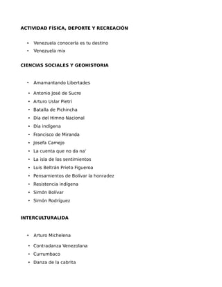 ACTIVIDAD FÍSICA, DEPORTE Y RECREACIÓN
•

Venezuela conocerla es tu destino

•

Venezuela mix

CIENCIAS SOCIALES Y GEOHISTORIA

•

Amamantando Libertades

• Antonio José de Sucre
• Arturo Uslar Pietri
• Batalla de Pichincha
• Día del Himno Nacional
• Día indígena
• Francisco de Miranda
• Josefa Camejo
• La cuenta que no da na'
• La isla de los sentimientos
• Luis Beltrán Prieto Figueroa
• Pensamientos de Bolívar la honradez
• Resistencia indígena
• Simón Bolívar
• Simón Rodríguez

INTERCULTURALIDA

•

Arturo Michelena

• Contradanza Venezolana
• Currumbaco
• Danza de la cabrita

 