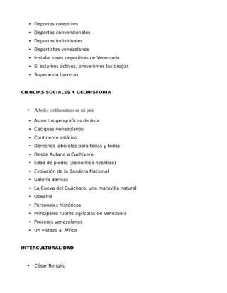 • Deportes colectivos
• Deportes convencionales
• Deportes individuales
• Deportistas venezolanos
• Instalaciones deportivas de Venezuela
• Si estamos activos, prevenimos las drogas
• Superando barreras

CIENCIAS SOCIALES Y GEOHISTORIA

•

Árboles emblemáticos de mi país

• Aspectos geográficos de Asia
• Caciques venezolanos
• Continente asiático
• Derechos laborales para todas y todos
• Desde Autana a Cuchivero
• Edad de piedra (paleolítico neolítico)
• Evolución de la Bandera Nacional
• Galería Barinas
• La Cueva del Guácharo, una maravilla natural
• Oceanía
• Personajes históricos
• Principales rubros agrícolas de Venezuela
• Próceres venezolanos
• Un vistazo al África

INTERCULTURALIDAD

•

César Rengifo

 