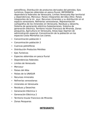 petrolíferas, Distribución de productos derivados del petroleo, Ejes
turísticos, Especies obtenidas en pesca fluvial, INFOGRAFIA
dependencia federales de Venezuela, Limites Venezuela Mar territorial
y dependencias, Mercosur, Paises integrantes del Alba 2012, Países
integrantes de la Un asur, Recursos minerales y su distribución en el
espacio venezolano, Refinerías venezolanas, Representación
cartográfica de los minerales en Venezuela, Residuos y desecho,
Sistema de generación eléctrica Subestaciones, Sistema de
generación eléctrica, Territorio insular Francisco de Miranda, Zonas
pesqueras, Agricultura en Venezuela, Áreas bajo régimen de
administración especial, Concentración de la población en los
espacios Costa Montañas Los Llanos.
•

Concentración población 1

•

Concentración población 2

•

Cuencas petrolíferas

•

Distribución Productos Petróleo

•

Ejes Turísticos

•

Especies obtenidas en pesca fluvial

•

Dependencias federales

•

Limites de Venezuela

•

Mercosur

•

Países del Alba

•

Países de la UNASUR

•

Recursos minerales

•

Refinerías venezolanas

•

minerales en Venezuela

•

Residuos y Desechos

•

Generación Eléctrica 1

•

Generación Eléctrica 2

•

Territorio Insular Francisco de Miranda

•

Zonas Pesqueras

INTEGRATIC

 