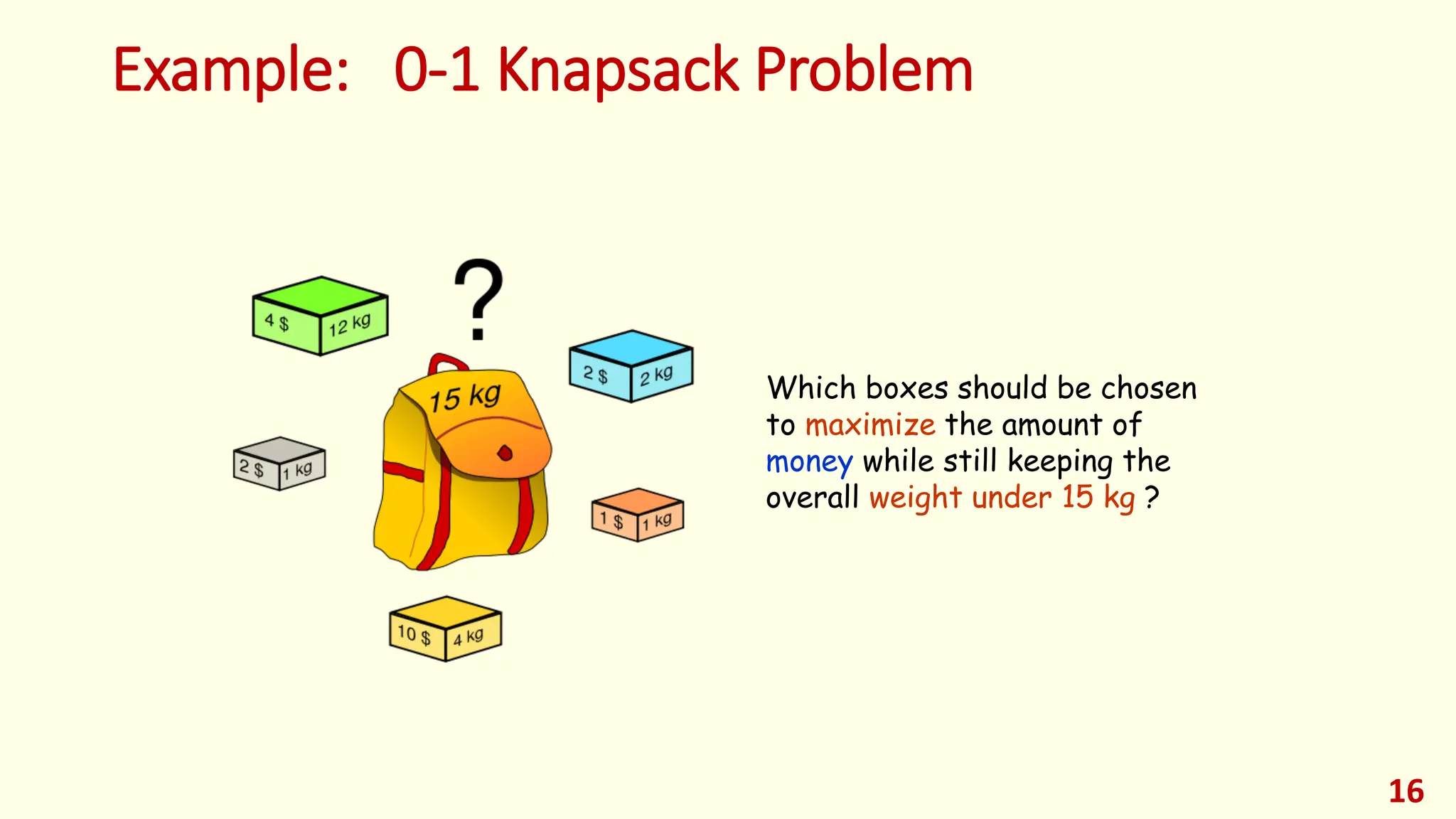 Example: 0-1 Knapsack Problem
16
Which boxes should be chosen
to maximize the amount of
money while still keeping the
overall weight under 15 kg ?
 