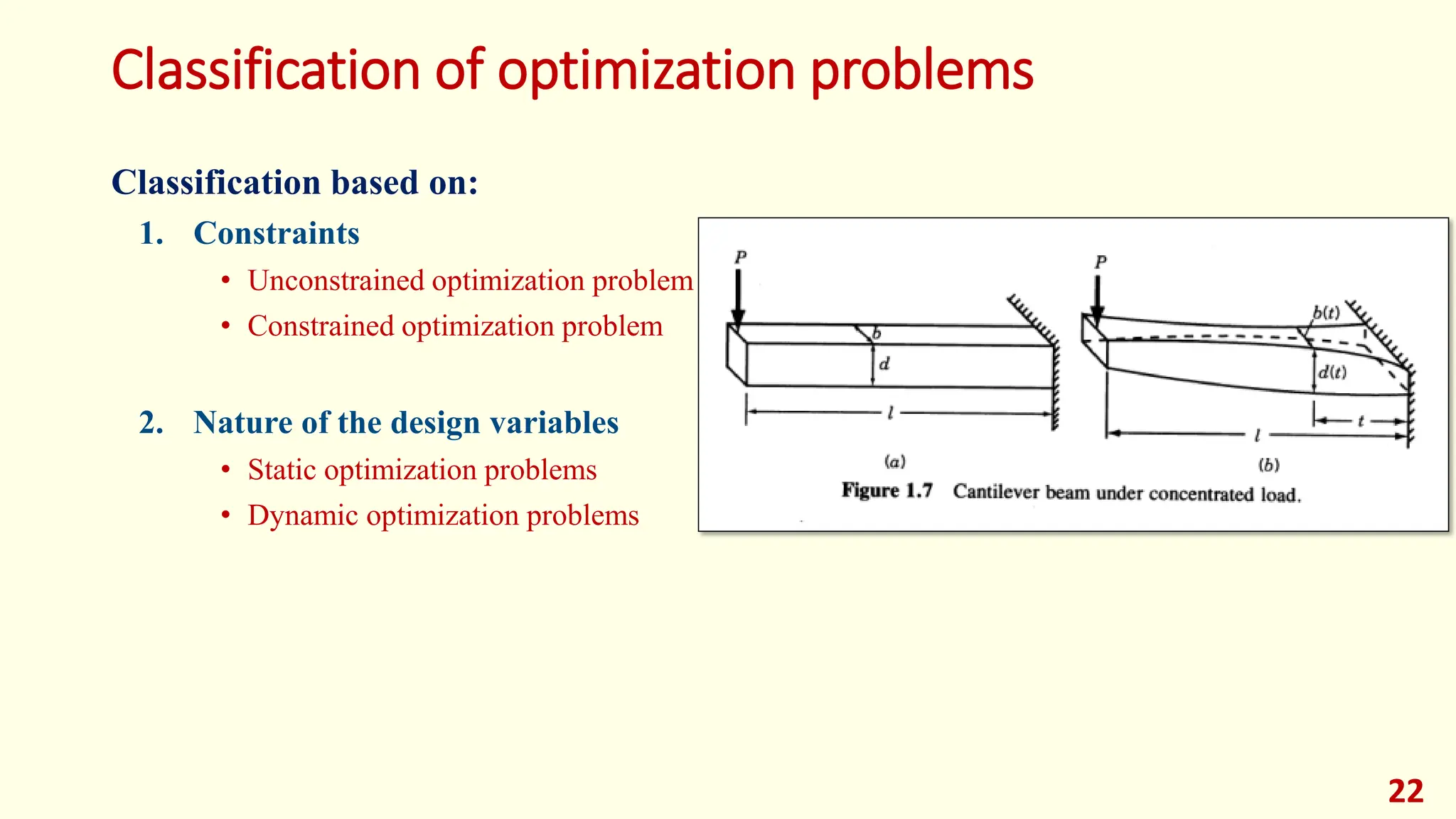 Classification of optimization problems
Classification based on:
1. Constraints
• Unconstrained optimization problem
• Constrained optimization problem
2. Nature of the design variables
• Static optimization problems
• Dynamic optimization problems
22
 