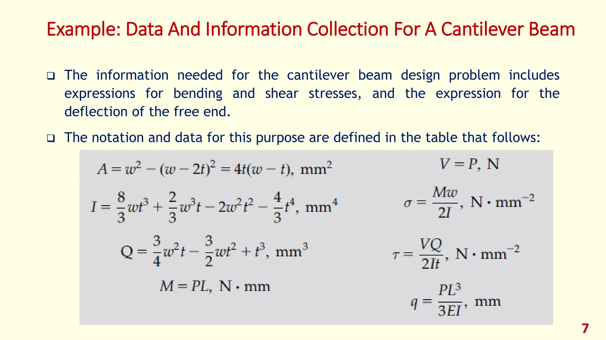 Example: Data And Information Collection For A Cantilever Beam
❑ The information needed for the cantilever beam design problem includes
expressions for bending and shear stresses, and the expression for the
deflection of the free end.
❑ The notation and data for this purpose are defined in the table that follows:
7
 
