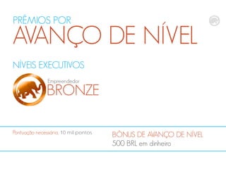 NÍVEIS EXECUTIVOS
BRONZE
Empreendedor
BÔNUS DE AVANÇO DE NÍVEL
500 BRL em dinheiro
Pontuação necessária, 10 mil pontos
PRÊMIOS POR
AVANÇO DE NÍVEL
 