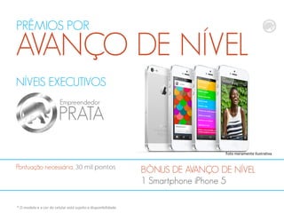 NÍVEIS EXECUTIVOS
PRATA
Empreendedor
BÔNUS DE AVANÇO DE NÍVEL
1 Smartphone iPhone 5
Pontuação necessária, 30 mil pontos
PRÊMIOS POR
AVANÇO DE NÍVEL
Foto meramente ilustrativa
* O modelo e a cor do celular está sujeito a disponibilidade.
 