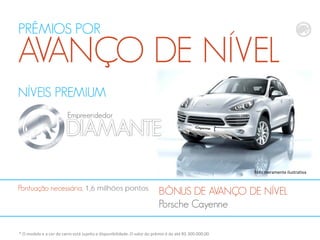 NÍVEIS PREMIUM
Empreendedor
BÔNUS DE AVANÇO DE NÍVEL
Porsche Cayenne
Pontuação necessária, 1,6 milhões pontos
PRÊMIOS POR
AVANÇO DE NÍVEL
* O modelo e a cor do carro está sujeito a disponibilidade. O valor do prêmio é de até R$ 300.000,00
Foto meramente ilustrativa
 