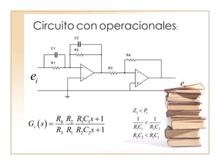 Circuito con operacionales:
ie
oe
  4 2 1 1
3 1 2 2
1
1
c
R R R C s
G s
R R R C s



1 1
1 1 2 2
2 2 1 1
1 1
Z P
R C R C
R C R C



 