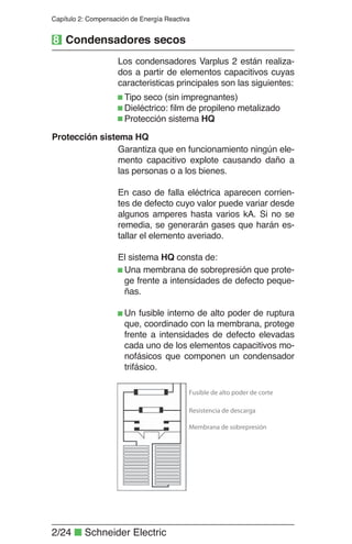 2/24 ■ Schneider Electric
Capítulo 2: Compensación de Energía Reactiva
Garantiza que en funcionamiento ningún ele-
mento capacitivo explote causando daño a
las personas o a los bienes.
En caso de falla eléctrica aparecen corrien-
tes de defecto cuyo valor puede variar desde
algunos amperes hasta varios kA. Si no se
remedia, se generarán gases que harán es-
tallar el elemento averiado.
El sistema HQ consta de:
Protección sistema HQ
Los condensadores Varplus 2 están realiza-
dos a partir de elementos capacitivos cuyas
caracteristicas principales son las siguientes:
Tipo seco (sin impregnantes)
Dieléctrico: ﬁlm de propileno metalizado
Protección sistema HQ
Una membrana de sobrepresión que prote-
ge frente a intensidades de defecto peque-
ñas.
Un fusible interno de alto poder de ruptura
que, coordinado con la membrana, protege
frente a intensidades de defecto elevadas
cada uno de los elementos capacitivos mo-
nofásicos que componen un condensador
trifásico.
8 Condensadores secos
 
