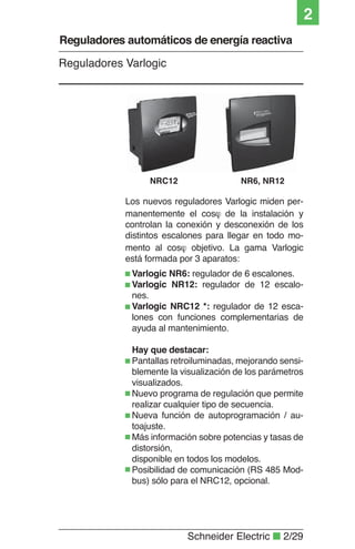 Schneider Electric Q 2/29
2
Varlogic NR6: regulador de 6 escalones.
Varlogic NR12: regulador de 12 escalo-
nes.
Varlogic NRC12 *: regulador de 12 esca-
lones con funciones complementarias de
ayuda al mantenimiento.
Hay que destacar:
Pantallas retroiluminadas, mejorando sensi-
blemente la visualización de los parámetros
visualizados.
Nuevo programa de regulación que permite
realizar cualquier tipo de secuencia.
Nueva función de autoprogramación / au-
toajuste.
Más información sobre potencias y tasas de
distorsión,
disponible en todos los modelos.
Posibilidad de comunicación (RS 485 Mod-
bus) sólo para el NRC12, opcional.
Los nuevos reguladores Varlogic miden per-
manentemente el cos  de la instalación y
controlan la conexión y desconexión de los
distintos escalones para llegar en todo mo-
mento al cos  objetivo. La gama Varlogic
está formada por 3 aparatos:
NRC12 NR6, NR12
Reguladores Varlogic
Reguladores automáticos de energía reactiva
 