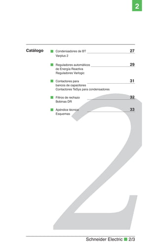 Schneider Electric ■ 2/3
2
Condensadores de BT 27
Varplus 2
Reguladores automáticos 29
de Energía Reactiva
Reguladores Varlogic
Contactores para 31
bancos de capacitores
Contactores TeSys para condensadores
Filtros de rechazo 32
Bobinas DR
Apéndice técnico 33
Esquemas
Catálogo
 
