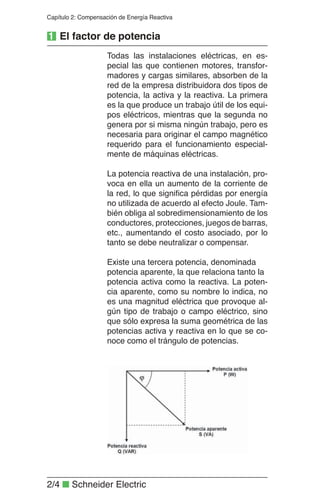 2/4 ■ Schneider Electric
Capítulo 2: Compensación de Energía Reactiva
Todas las instalaciones eléctricas, en es-
pecial las que contienen motores, transfor-
madores y cargas similares, absorben de la
red de la empresa distribuidora dos tipos de
potencia, la activa y la reactiva. La primera
es la que produce un trabajo útil de los equi-
pos eléctricos, mientras que la segunda no
genera por si misma ningún trabajo, pero es
necesaria para originar el campo magnético
requerido para el funcionamiento especial-
mente de máquinas eléctricas.
La potencia reactiva de una instalación, pro-
voca en ella un aumento de la corriente de
la red, lo que signiﬁca pérdidas por energía
no utilizada de acuerdo al efecto Joule. Tam-
bién obliga al sobredimensionamiento de los
conductores, protecciones, juegos de barras,
etc., aumentando el costo asociado, por lo
tanto se debe neutralizar o compensar.
Existe una tercera potencia, denominada
potencia aparente, la que relaciona tanto la
potencia activa como la reactiva. La poten-
cia aparente, como su nombre lo indica, no
es una magnitud eléctrica que provoque al-
gún tipo de trabajo o campo eléctrico, sino
que sólo expresa la suma geométrica de las
potencias activa y reactiva en lo que se co-
noce como el trángulo de potencias.
1 El factor de potencia
 