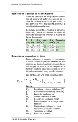 2/8 ■ Schneider Electric
Capítulo 2: Compensación de Energía Reactiva
P IL SC1 cos ϕ SC2 Reducción
(kW) (A) (mm2) - (mm2) (%)
36,2 157,1 53,5 0,35 69,51 -
36,2 84,6 21,2 0,65 49,46 60,4
36,2 57,9 13,3 0,95 18,19 75,1
Como se demostró en los párrafos anterio-
res, al mejorar el factor de potencia se re-
duce la corriente que circula por la red, lo
que permite a nivel de proyecto, disminuir la
sección de los conductores.
Como sabemos, al acoplar condensadores
a la instalación es posible optimizar el ren-
dimiento de la red. La disminución de la co-
rriente que se obtiene de la compensación
también posibilita bajar las pérdidas por efec-
to Joule en conductores y transformadores.
Reducción de la sección de los conductores
Reducción de las pérdidas en líneas
Pérdida de potencia en la línea (W)
Resistividad del material (Ωxmm2/m)
Largo del conductor (m)
Número de líneas activas
Sección del conductor (mm2)
Potencia activa de la carga conec-
tada (W)
Constante de red igual a 1 para
monofásico y √3 para trifásico
Tensión de la red (V)
Factor de potencia
Donde :
PPL :
p :
LC :
NLA :
SC :
P :
KR :
UR :
cos ϕ :
Las pérdidas en una línea se calcula con:
En la tabla siguiente se muestra el porcenta-
je de reducción de sección comercial del ali-
mentador del ejemplo anterior, al mejorar el
factor de potencia.
2
RRC
LAC
PL
cosUk
P
S
NL
P
ϕ××
×
××ρ
=
 
