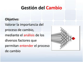 Gestión del Cambio

Objetivo:
Valorar la importancia del
proceso de cambio,
mediante el análisis de los
diversos factores que
permitan entender el proceso
de cambio
 