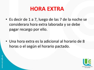 HORA EXTRA
• Es decir de 1 a 7, luego de las 7 de la noche se
considerara hora extra laborada y se debe
pagar recargo por ello.
• Una hora extra es la adicional al horario de 8
horas o el según el horario pactado.
 