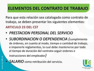 Para que esta relación sea catalogada como contrato de
trabajo, se deben presentar los siguientes elementos:
ARTICULO 23 DEL CST
• PRESTACION PERSONAL DEL SERVICIO
• SUBORDINACION O DEPENDENCIA (cumplimiento
de órdenes, en cuanto al modo, tiempo o cantidad de trabajo,
e imponerle reglamentos, la cual debe mantenerse por todo
el tiempo de duración del contrato-seguir ordenes e
instrucciones del empleador)
• SALARIO como retribución del servicio.
ELEMENTOS DEL CONTRATO DE TRABAJO
 