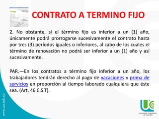 CONTRATO A TERMINO FIJO
2. No obstante, si el término fijo es inferior a un (1) año,
únicamente podrá prorrogarse sucesivamente el contrato hasta
por tres (3) períodos iguales o inferiores, al cabo de los cuales el
término de renovación no podrá ser inferior a un (1) año y así
sucesivamente.
PAR.—En los contratos a término fijo inferior a un año, los
trabajadores tendrán derecho al pago de vacaciones y prima de
servicios en proporción al tiempo laborado cualquiera que éste
sea. (Art. 46 C.S.T).
 