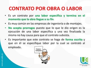 CONTRATO POR OBRA O LABOR
• Es un contrato por una labor especifica y termina en el
momento que la obra llegue a su fin.
• Es muy común en las empresas de ingeniería o de montajes.
• No acepta prorrogas puesto que lo que le dio origen es la
ejecución de una labor específica y una vez finalizada la
misma no hay causa para que el contrato subsista.
• Es importante que este contrato se haga de forma escrita y
que en él se especifique labor por la cual se contrató al
empleado.
 