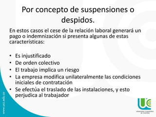 Por concepto de suspensiones o
despidos.
En estos casos el cese de la relación laboral generará un
pago o indemnización si presenta algunas de estas
características:
• Es injustificado
• De orden colectivo
• El trabajo implica un riesgo
• La empresa modifica unilateralmente las condiciones
iniciales de contratación
• Se efectúa el traslado de las instalaciones, y esto
perjudica al trabajador
 