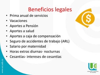 Beneficios legales
• Prima anual de servicios
• Vacaciones
• Aportes a Pensión
• Aportes a salud
• Aportes a caja de compensación
• Seguro de accidentes de trabajo (ARL)
• Salario por maternidad
• Horas extras diurnas- nocturnas
• Cesantías- intereses de cesantías
 