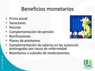Beneficios monetarios
• Prima anual
• Vacaciones
• Pensión
• Complementación de pensión
• Bonificaciones
• Planes de préstamos
• Complementación de salarios en las ausencias
prolongadas por causa de enfermedad
• Reembolso o subsidio de medicamentos
 