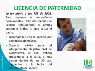 LICENCIA DE PATERNIDAD
La ley Maria o Ley 755 de 2002.
Para esposos o compañeros
permanentes. Ocho días hábiles de
licencia remunerada, si ambos
cotizan o 4 días si solo cotiza el
padre.
• Incompatible con la licencia por
calamidad doméstica.
• Soporte válido para el
otorgamiento: Registro Civil de
Nacimiento, el cual deberá
presentarse a la E.P.S. a más
tardar dentro de los 30 días
siguientes a la fecha del
nacimiento del menor.
 