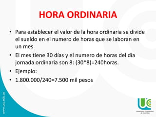 HORA ORDINARIA
• Para establecer el valor de la hora ordinaria se divide
el sueldo en el numero de horas que se laboran en
un mes
• El mes tiene 30 días y el numero de horas del día
jornada ordinaria son 8: (30*8)=240horas.
• Ejemplo:
• 1.800.000/240=7.500 mil pesos
 
