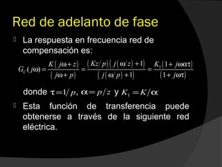 Red de adelanto de fase
 La respuesta en frecuencia red de
compensación es:
donde , y
 Esta función de transferencia puede
obtenerse a través de la siguiente red
eléctrica.
( )
( )
( ) ( )( )
( )( )
( )
( )
1
1 1
( )
1 1
C
Kz p j zK j z K j
G j
j p j p j
ω +ω+ + ωατ
ω = = =
ω+ ω + + ωτ
1 pτ= p zα= 1K K= α
 
