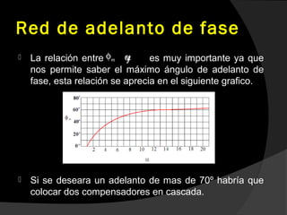 Red de adelanto de fase
 La relación entre y es muy importante ya que
nos permite saber el máximo ángulo de adelanto de
fase, esta relación se aprecia en el siguiente grafico.
 Si se deseara un adelanto de mas de 70º habría que
colocar dos compensadores en cascada.
mφ α
 