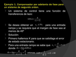 Ejemplo 1. Compensador por adelanto de fase para
un sistema de segundo orden.
 Un sistema de control tiene una función de
transferencia de lazo:
 Se desea obtener un para una entrada
rampa y se requiere que el margen de fase sea al
menos de 45º
 Solución:
 Primero hallemos K para que se satisfaga el error
de estado estacionario.
 Para una entrada rampa se sabe que
donde
( )
( )
2
K
GH s
s s
=
+
5%sse ≤
; 1ss
A
e A
Kv
= =
0
lim ( )
s
Kv sGH s
→
=
( )0
lim
2 2s
K K
Kv s
s s→
= =
+
entonces
1
0.05 40
2
K
K
= → =
 