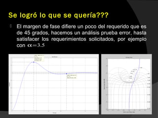 Se logró lo que se quería???
 El margen de fase difiere un poco del requerido que es
de 45 grados, hacemos un análisis prueba error, hasta
satisfacer los requerimientos solicitados, por ejemplo
con 3.5α=
 