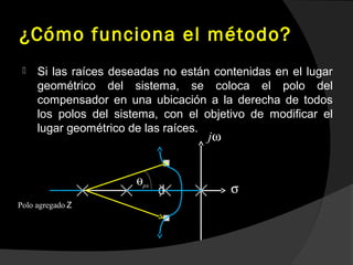 ¿Cómo funciona el método?
 Si las raíces deseadas no están contenidas en el lugar
geométrico del sistema, se coloca el polo del
compensador en una ubicación a la derecha de todos
los polos del sistema, con el objetivo de modificar el
lugar geométrico de las raíces.
d σ
jω
Polo agregado Z
pxθ
 