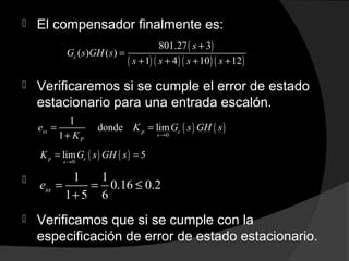  El compensador finalmente es:
 Verificaremos si se cumple el error de estado
estacionario para una entrada escalón.

 Verificamos que si se cumple con la
especificación de error de estado estacionario.
( )
( ) ( ) ( ) ( )
801.27 3
( ) ( )
1 4 10 12
c
s
G s GH s
s s s s
+
=
+ + + +
0 0
1 1 1
lim lim
1 + G(s)H(s) 1 + G(s)H(s)
ss
s s
e s
s→ →
= =
( ) ( )0
1
donde lim
1
ss p c
s
P
e K G s GH s
K →
= =
+
( ) ( )0
1
donde lim
1
ss p
s
P
e K G s H s
K →
= =
+
( ) ( )0
1
donde lim
1
ss p
s
P
e K G s H s
K →
= =
+
( ) ( )0
lim 5p c
s
K G s GH s
→
= =
1 1
0.16 0.2
1 5 6
sse = = ≤
+
 