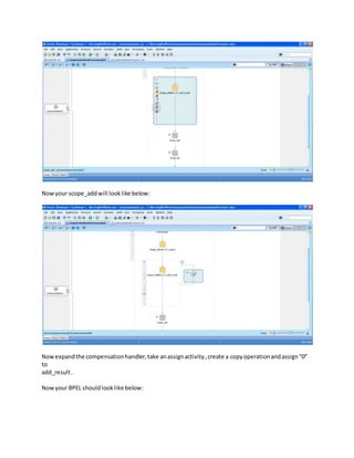 Nowyour scope_addwill looklike below:
Nowexpandthe compensationhandler,take anassignactivity,create a copyoperationandassign“0”
to
add_result.
Nowyour BPEL shouldlooklike below:
 