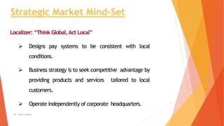 Strategic Market Mind-Set
Localizer: “Think Global,Act Local”
 Designs pay systems to be consistent with local
conditions...