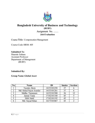 1 | P a g e
Bangladesh University of Business and Technology
(BUBT)
Assignment No. ……
Job Evaluation
Course Title: Compensation Management
Course Code:HRM- 405
Submitted To:
Sharmin Sultana
Assistant Professor
Department of Management
(BUBT)
Submitted By:
Group Name:Global Asset
No Name ID Intake Section
1 Tasnim Alom 14153101258 37 6
2 Md Abdul Naym Joarder 14153101261 37 6
3 Maliha Tarannum 14152101500 36 12
4 Jannat Tania 17182101188 45 5
5 Sibli Sakif 17182101192 45 5
6 Md. Sayad Khan 16173101067 43 2
 